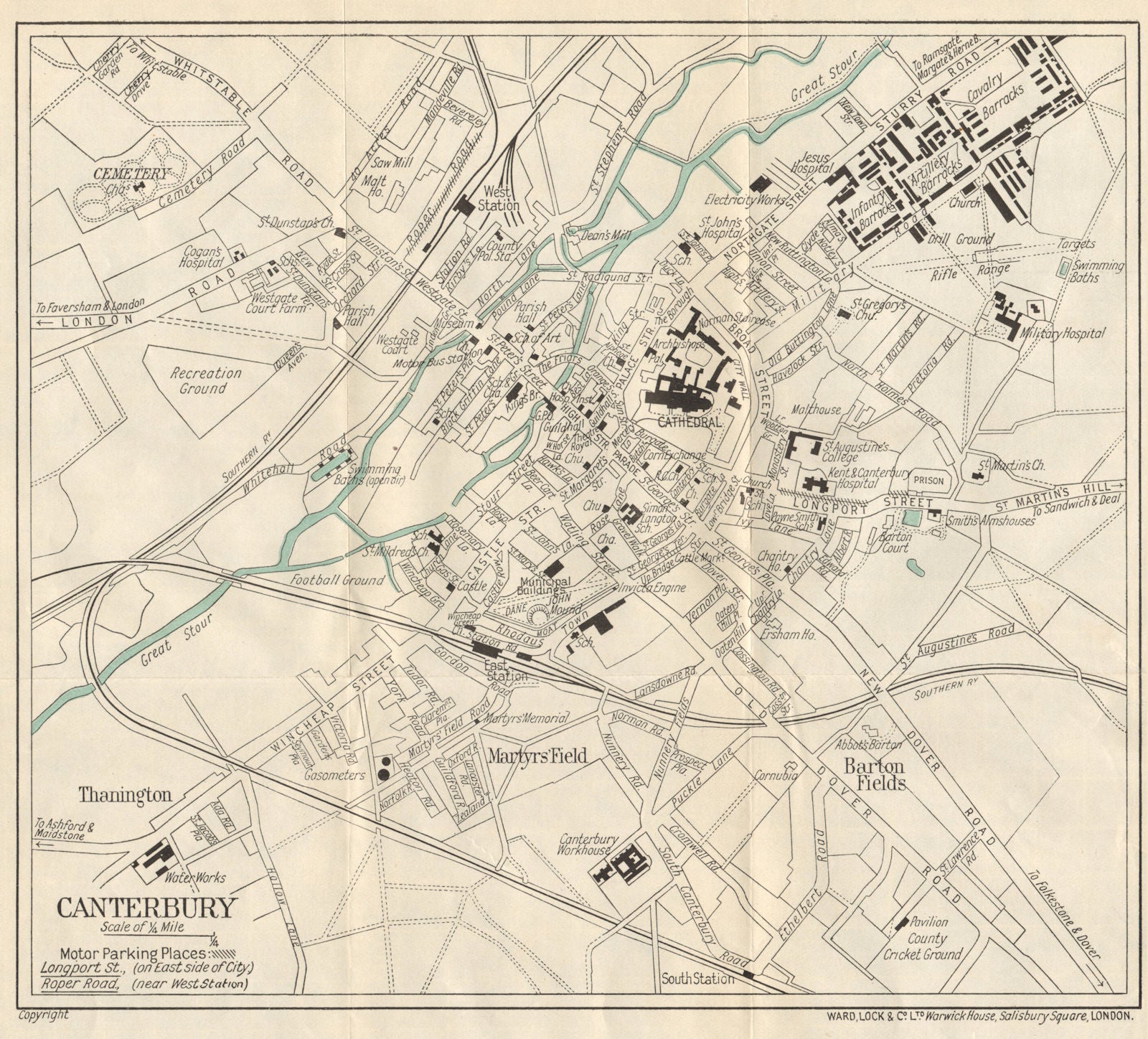 CANTERBURY vintage tourist town city plan. Kent. WARD LOCK 1929 old map